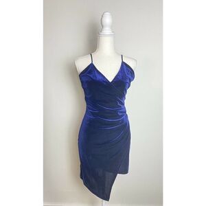 Etiquette Boutique Dress Sz Small Blue Velvet Mini Bodycon Wrap Front